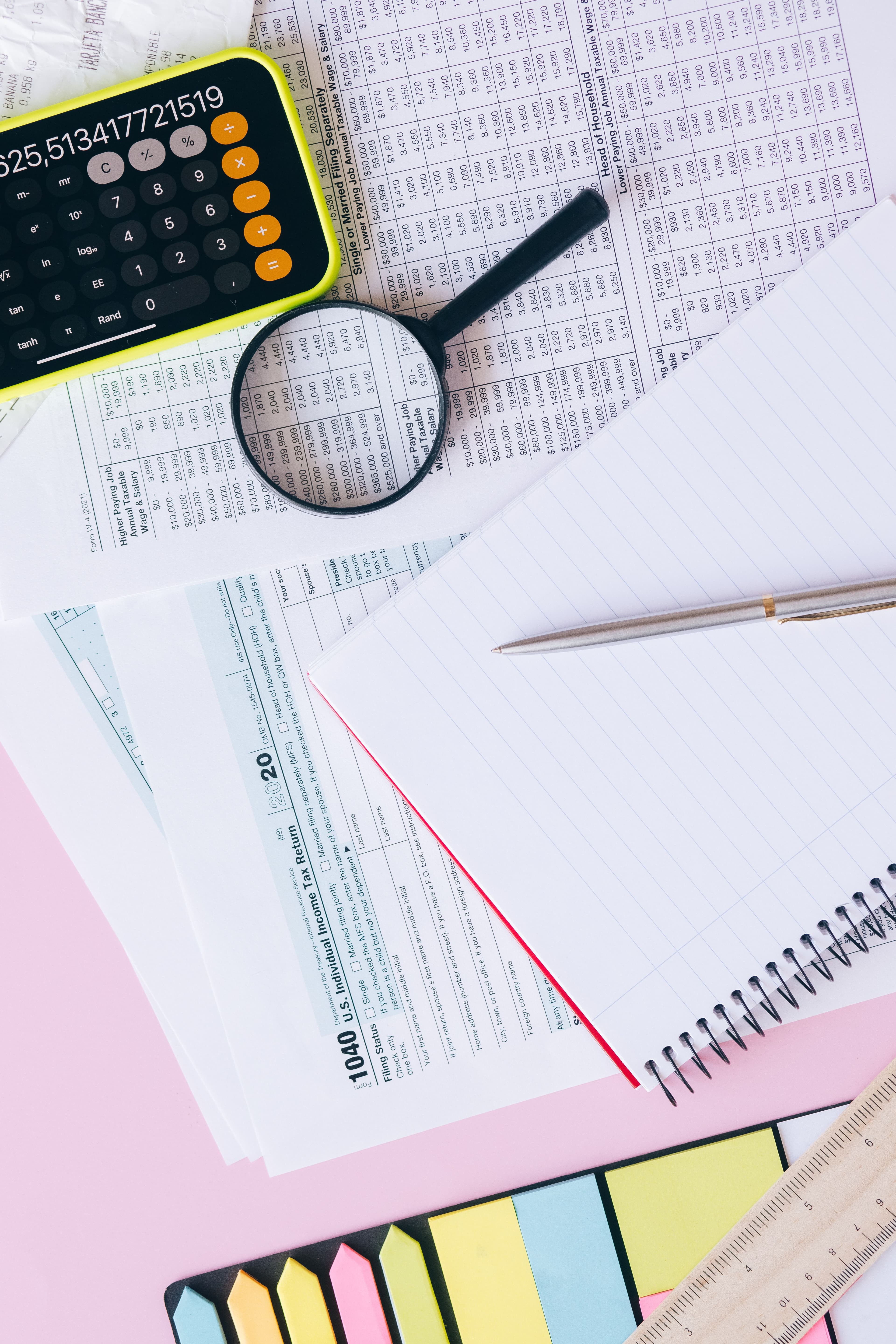 Tax forms and working papers arranged for filing.