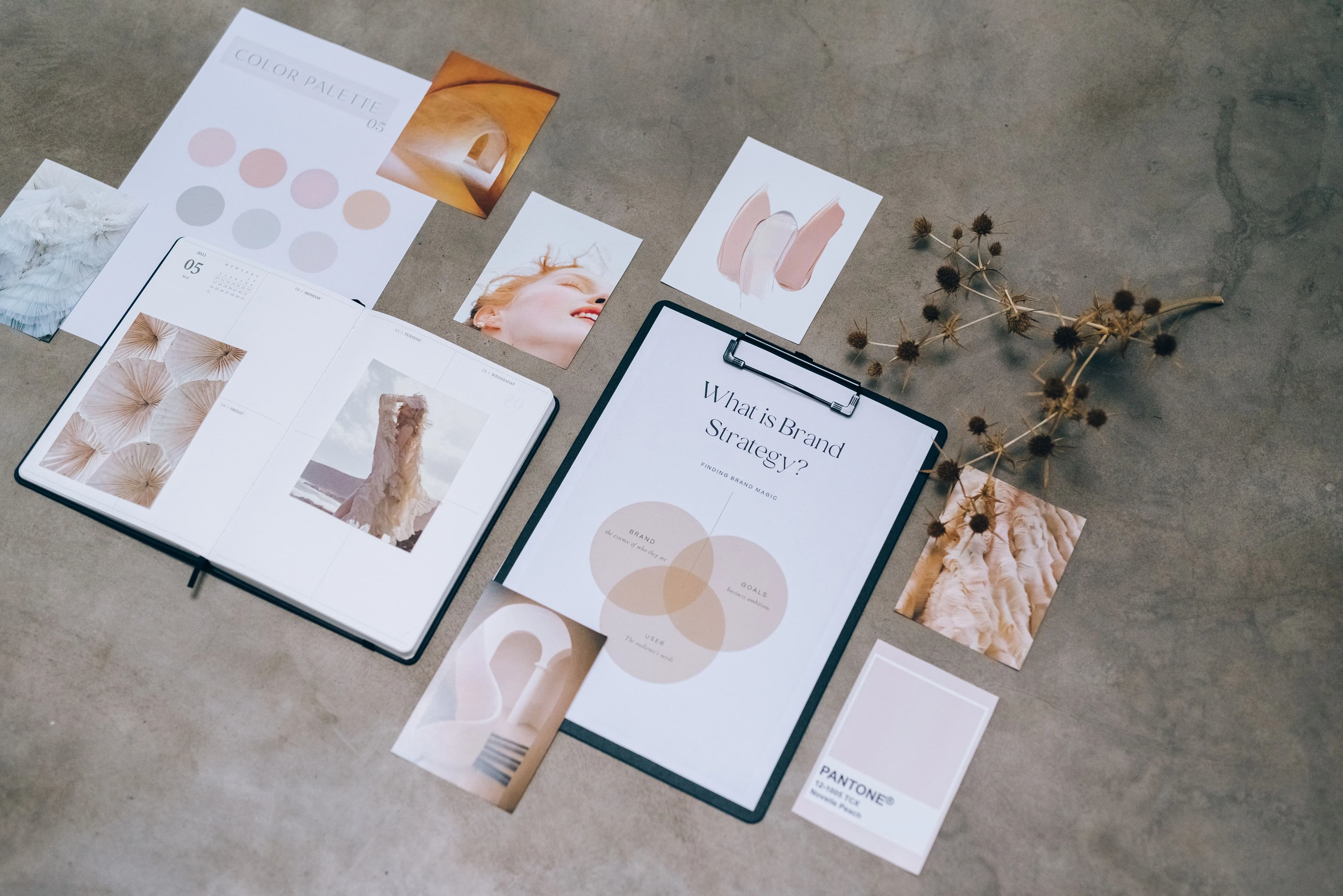 Brand strategy mood board with palette, photography and positioning notes.